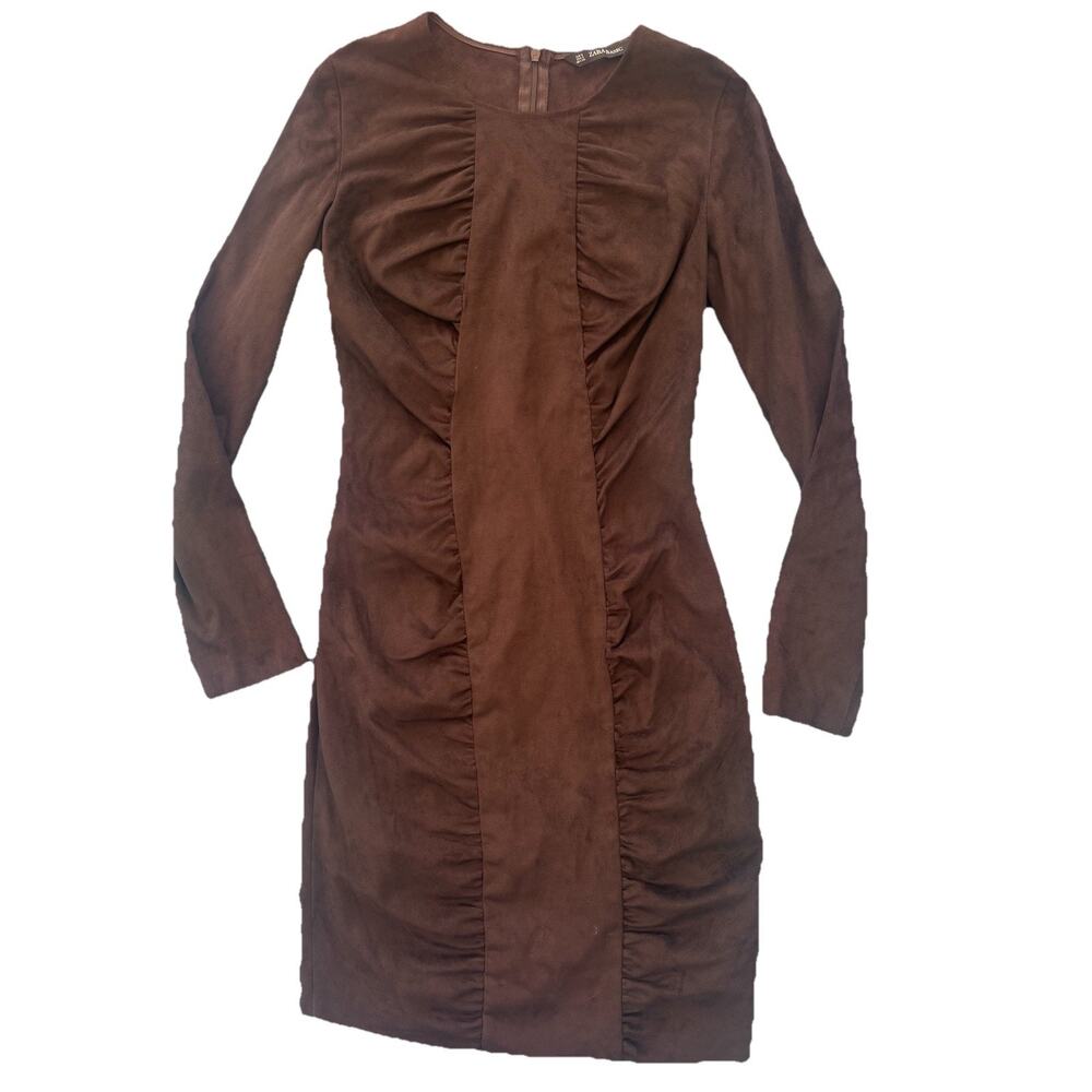 Zara Basic Ruched Faux Suede Bodycon Dress Brown Size Small Chocolate